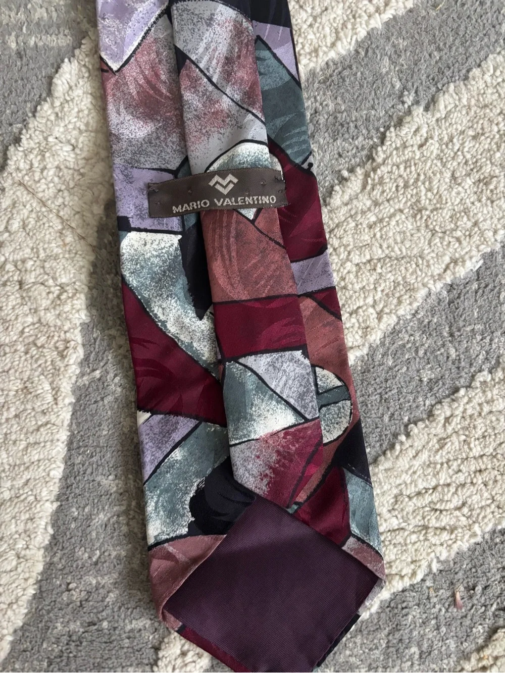 Mario Valentino Geometric Silk Tie in Burgundy, Black, Gray and Green